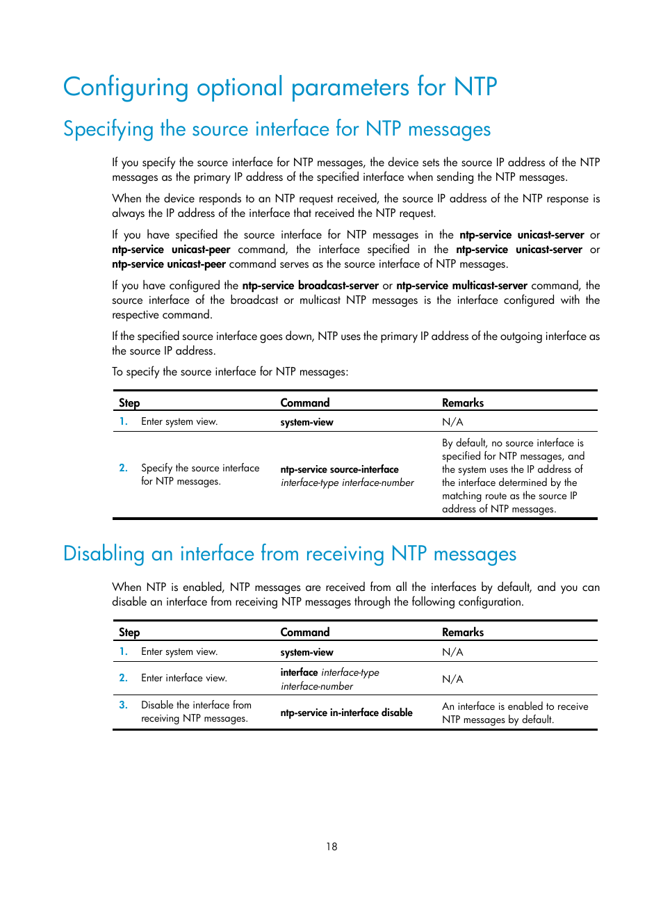 Configuring optional parameters for ntp, Specifying the source interface for ntp messages, Disabling an interface from receiving ntp messages | H3C Technologies H3C WX3000E Series Wireless Switches User Manual | Page 27 / 80