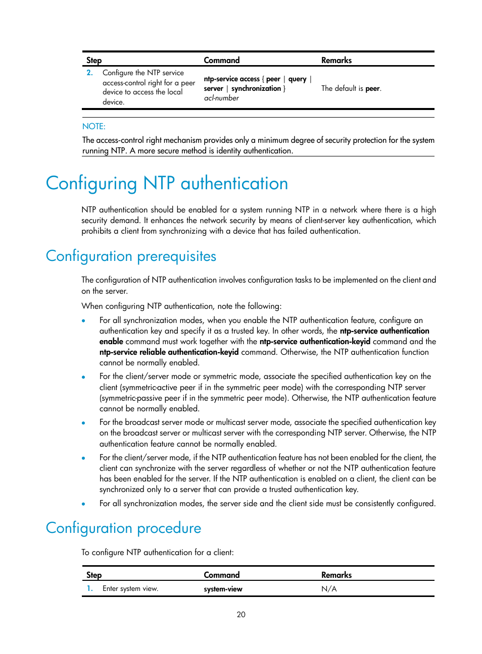 Configuring ntp authentication, Configuration prerequisites, Configuration procedure | H3C Technologies H3C WX3000E Series Wireless Switches User Manual | Page 29 / 80