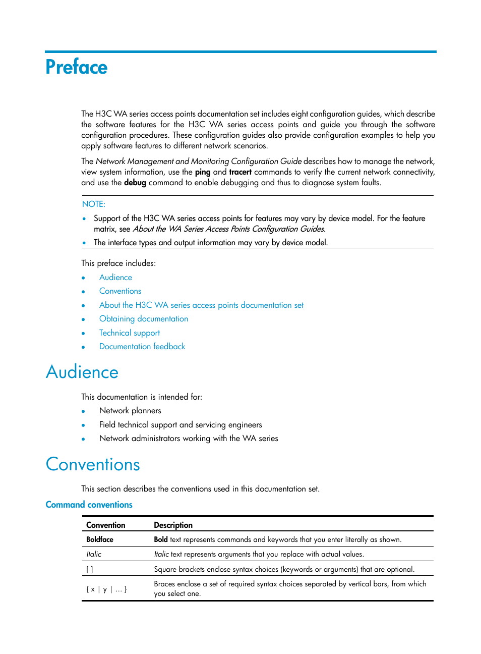 Preface, Audience, Conventions | Command conventions | H3C Technologies H3C WX3000E Series Wireless Switches User Manual | Page 3 / 80