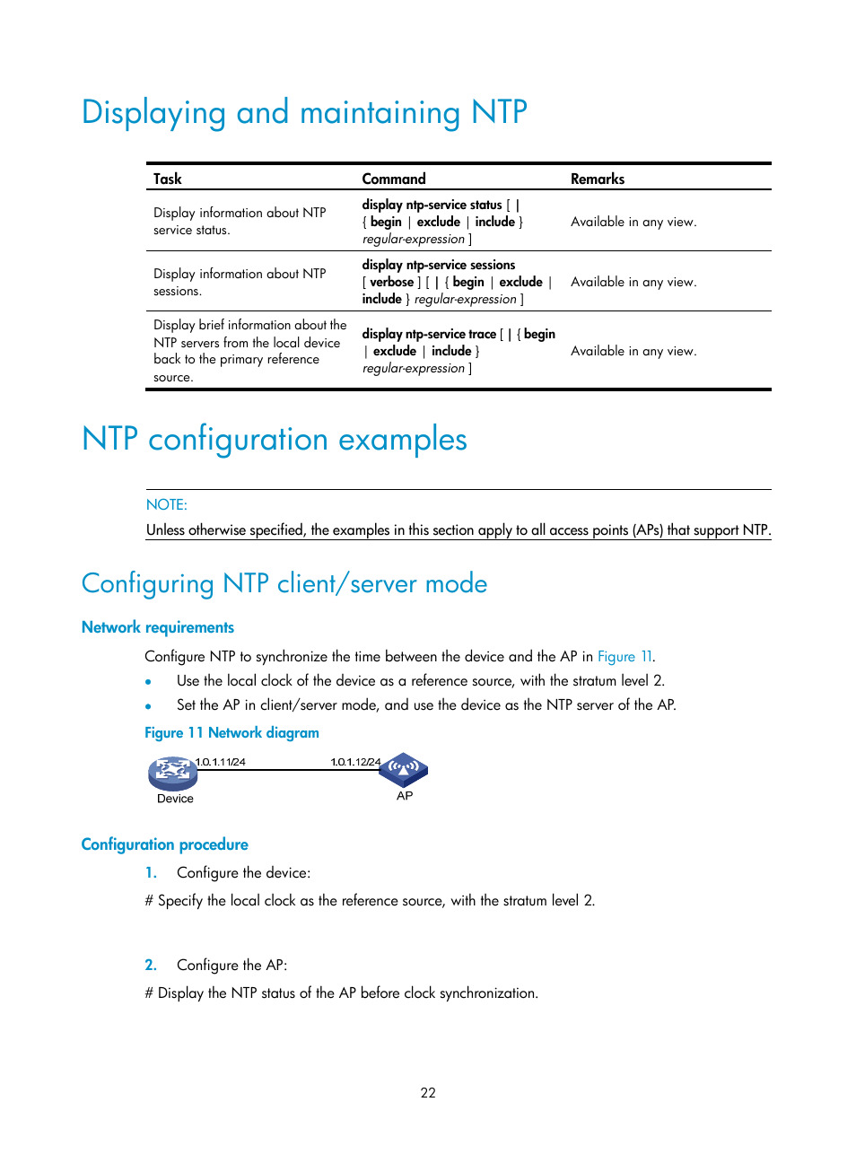 Displaying and maintaining ntp, Ntp configuration examples, Configuring ntp client/server mode | Network requirements, Configuration procedure | H3C Technologies H3C WX3000E Series Wireless Switches User Manual | Page 31 / 80