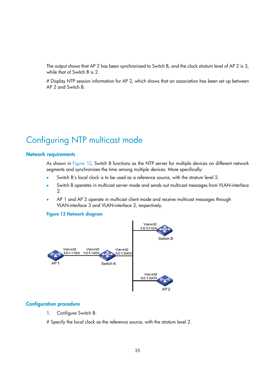 Configuring ntp multicast mode, Network requirements, Configuration procedure | H3C Technologies H3C WX3000E Series Wireless Switches User Manual | Page 34 / 80