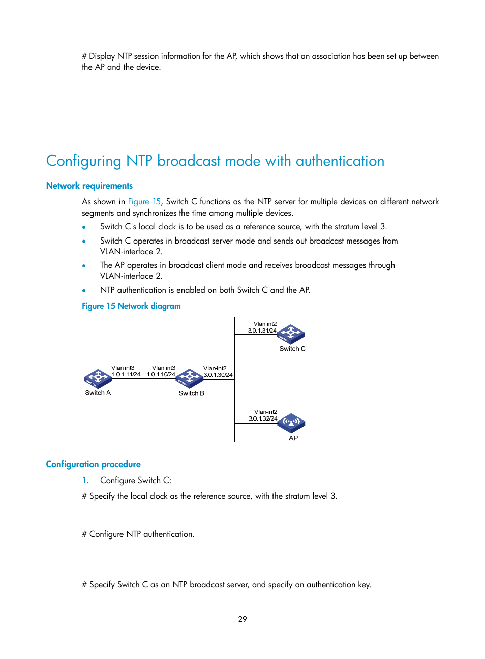 Configuring ntp broadcast mode with authentication, Network requirements, Configuration procedure | H3C Technologies H3C WX3000E Series Wireless Switches User Manual | Page 38 / 80