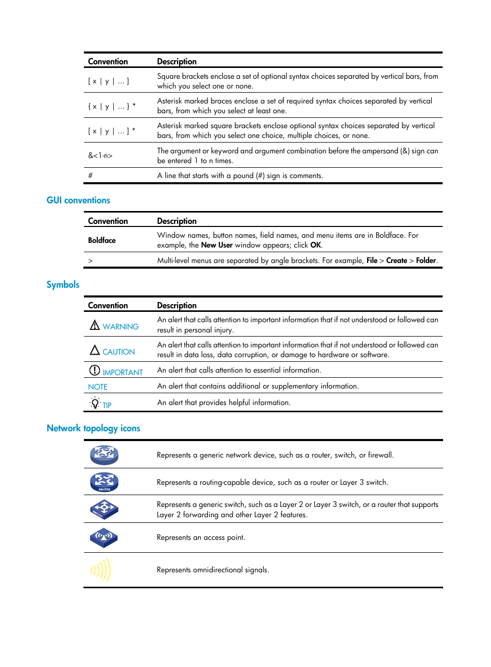 Gui conventions, Symbols, Network topology icons | H3C Technologies H3C WX3000E Series Wireless Switches User Manual | Page 4 / 80