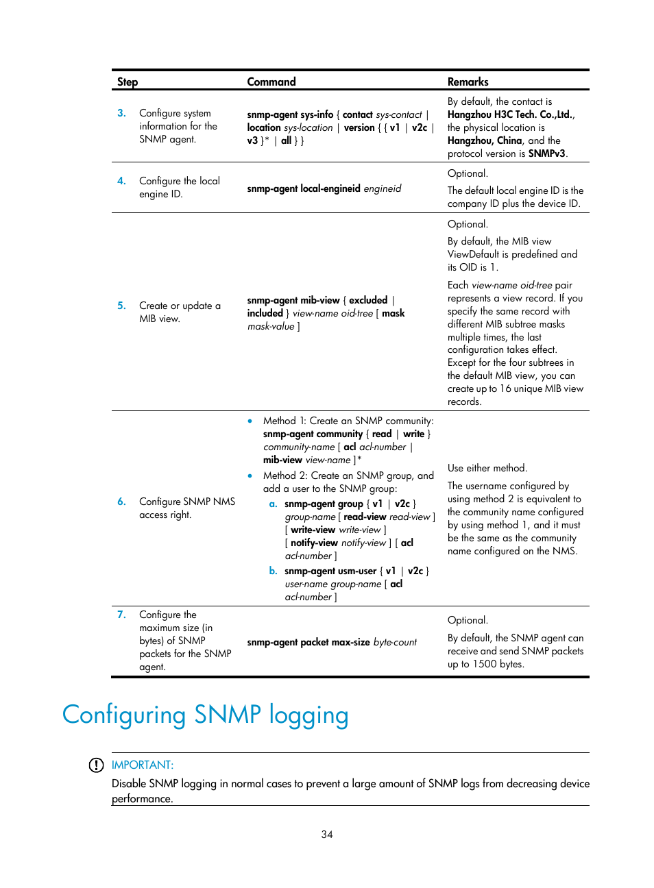 Configuring snmp logging | H3C Technologies H3C WX3000E Series Wireless Switches User Manual | Page 43 / 80