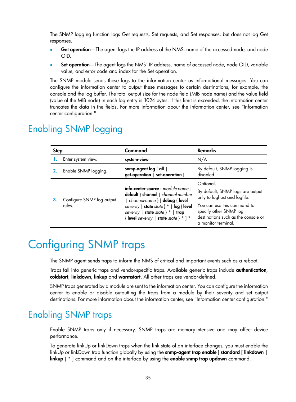 Enabling snmp logging, Configuring snmp traps, Enabling snmp traps | H3C Technologies H3C WX3000E Series Wireless Switches User Manual | Page 44 / 80