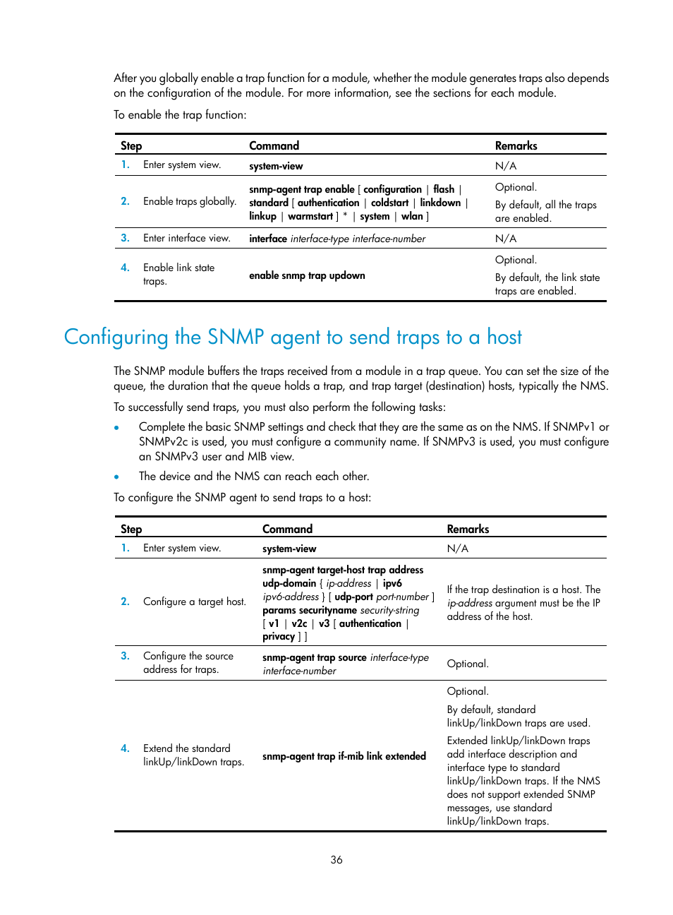 Configuring the snmp agent to send traps to a host | H3C Technologies H3C WX3000E Series Wireless Switches User Manual | Page 45 / 80