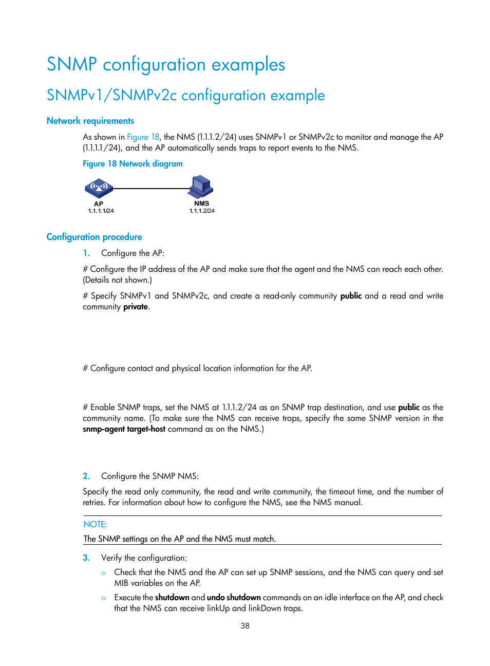 Snmp configuration examples, Snmpv1/snmpv2c configuration example, Network requirements | Configuration procedure | H3C Technologies H3C WX3000E Series Wireless Switches User Manual | Page 47 / 80