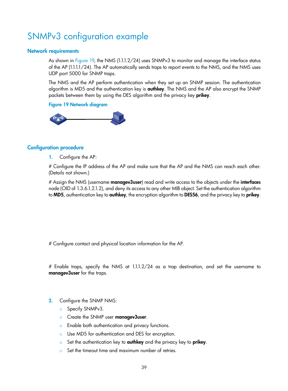 Snmpv3 configuration example, Network requirements, Configuration procedure | H3C Technologies H3C WX3000E Series Wireless Switches User Manual | Page 48 / 80