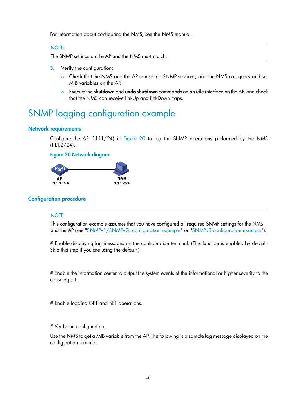 Snmp logging configuration example, Network requirements, Configuration procedure | H3C Technologies H3C WX3000E Series Wireless Switches User Manual | Page 49 / 80