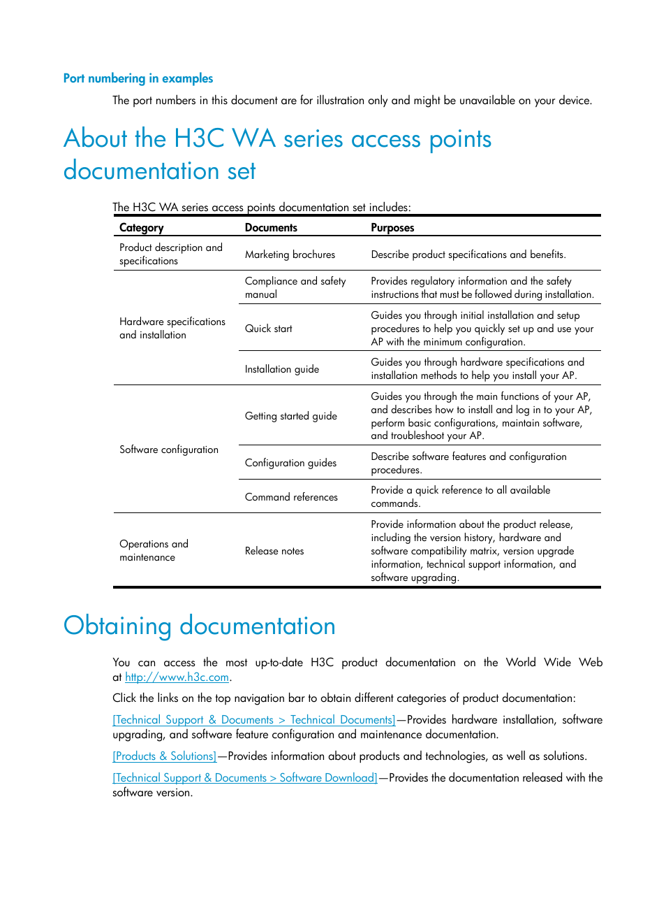 Port numbering in examples, Obtaining documentation | H3C Technologies H3C WX3000E Series Wireless Switches User Manual | Page 5 / 80