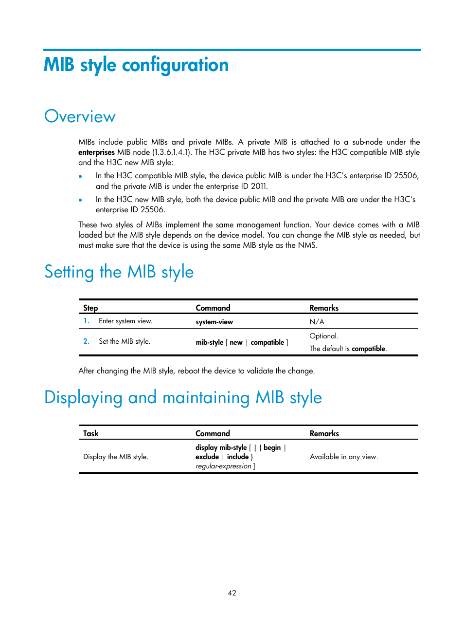 Mib style configuration, Overview, Setting the mib style | Displaying and maintaining mib style | H3C Technologies H3C WX3000E Series Wireless Switches User Manual | Page 51 / 80