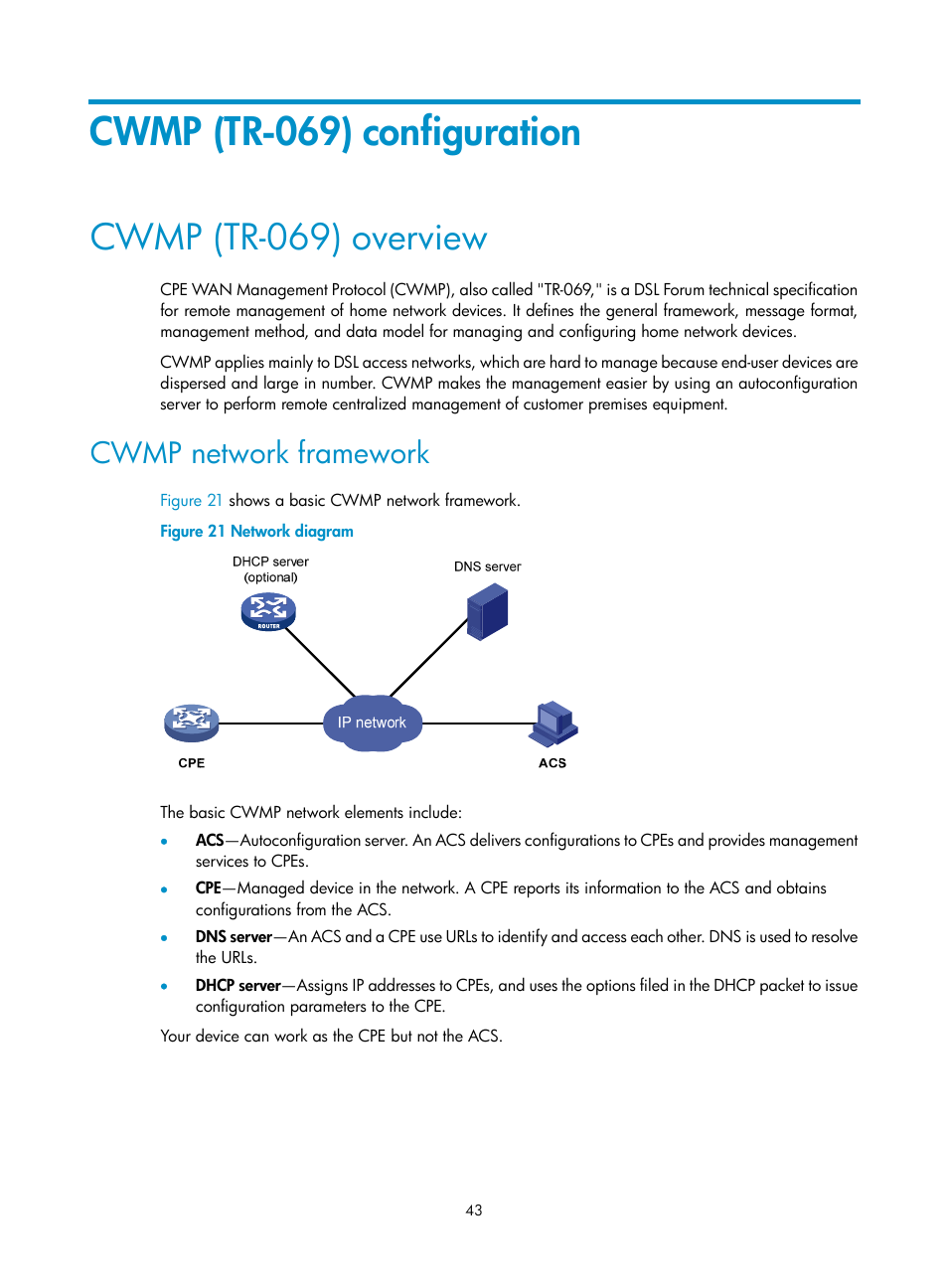 Cwmp (tr-069) configuration, Cwmp (tr-069) overview, Cwmp network framework | H3C Technologies H3C WX3000E Series Wireless Switches User Manual | Page 52 / 80