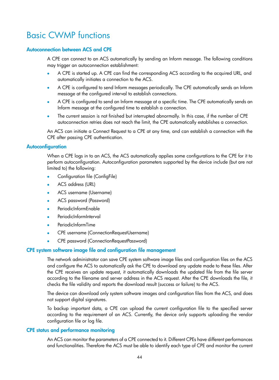 Basic cwmp functions, Autoconnection between acs and cpe, Autoconfiguration | Cpe status and performance monitoring | H3C Technologies H3C WX3000E Series Wireless Switches User Manual | Page 53 / 80