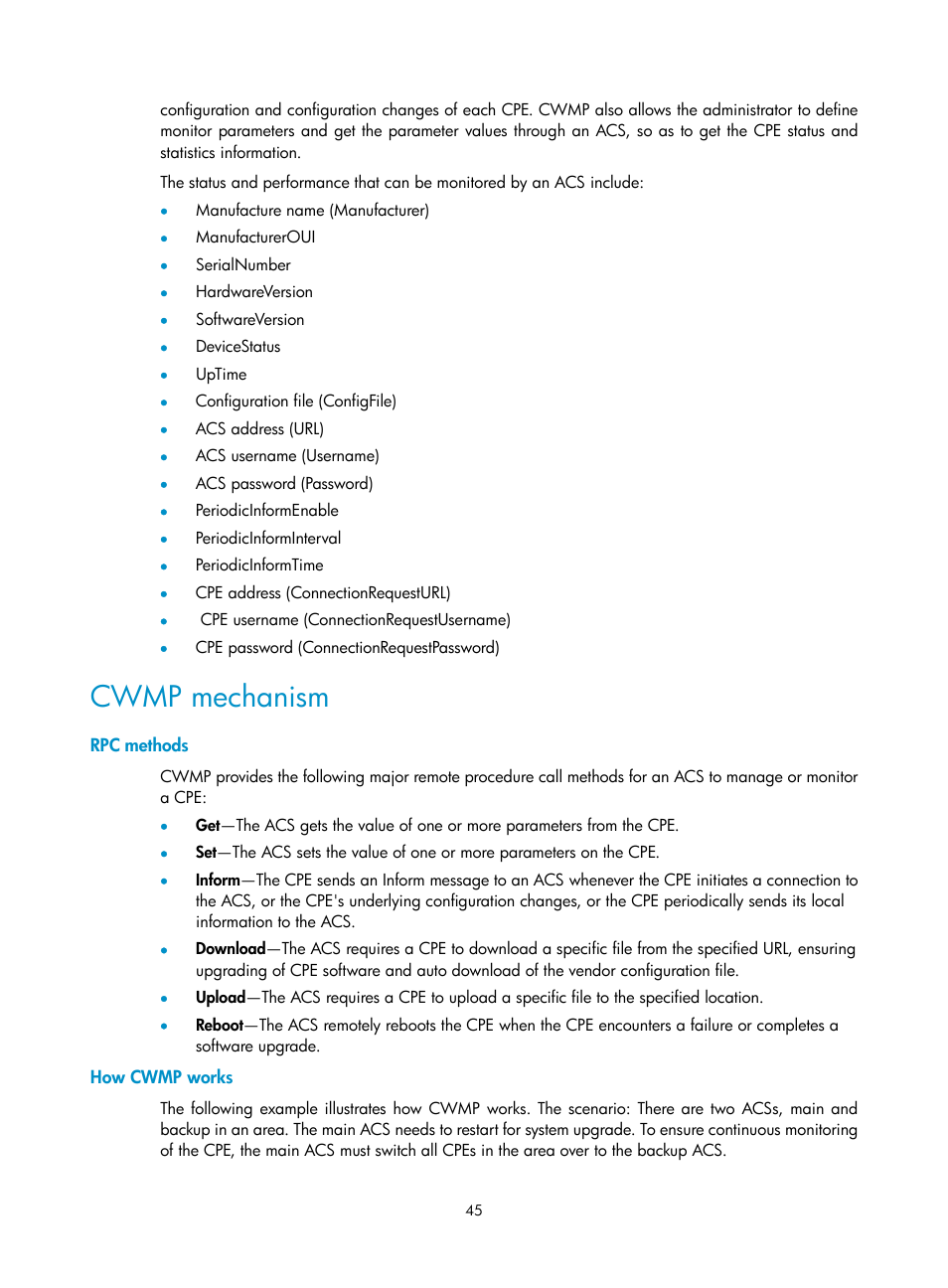 Cwmp mechanism, Rpc methods, How cwmp works | H3C Technologies H3C WX3000E Series Wireless Switches User Manual | Page 54 / 80