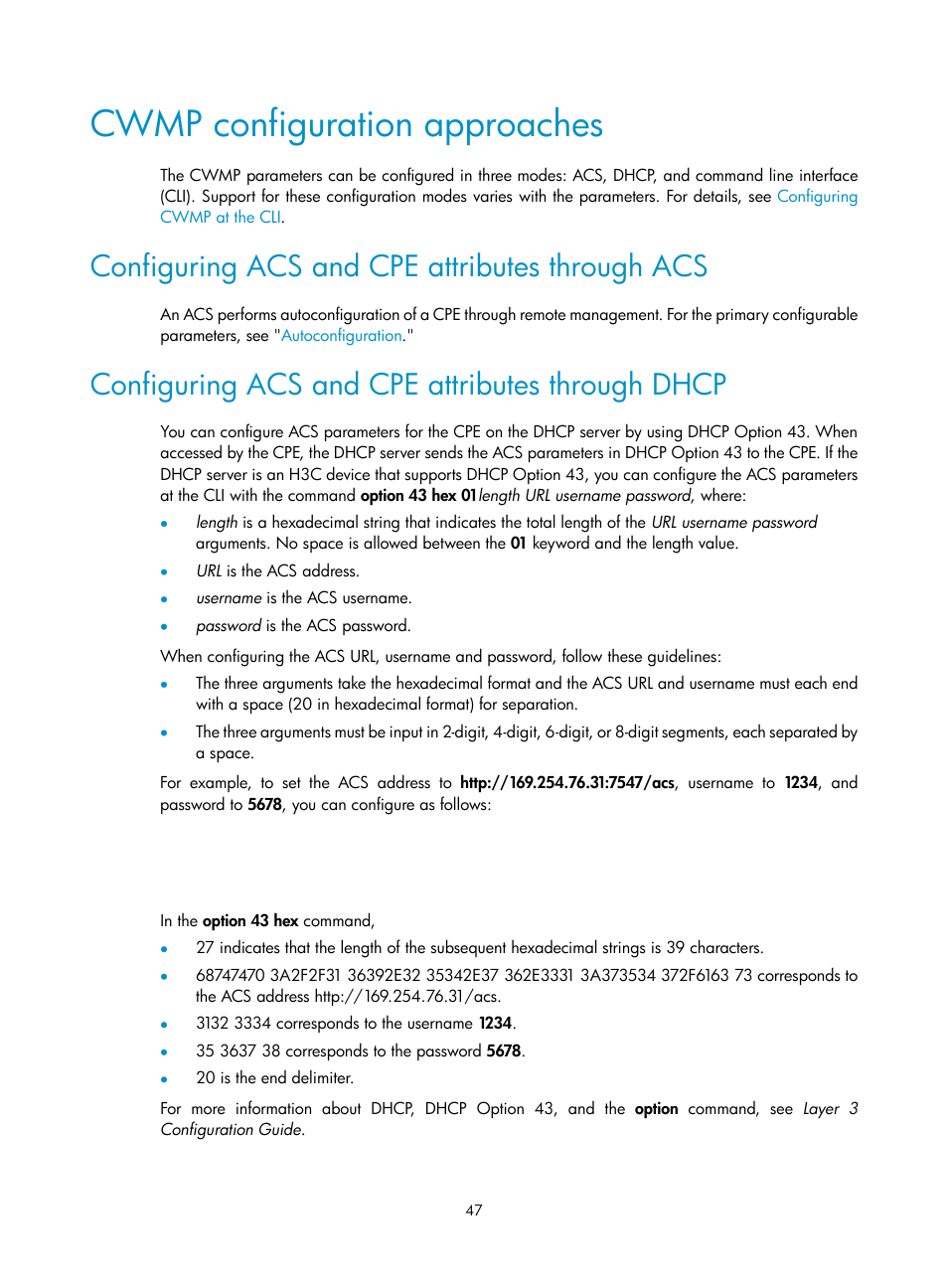 Cwmp configuration approaches, Configuring acs and cpe attributes through acs, Configuring acs and cpe attributes through dhcp | H3C Technologies H3C WX3000E Series Wireless Switches User Manual | Page 56 / 80