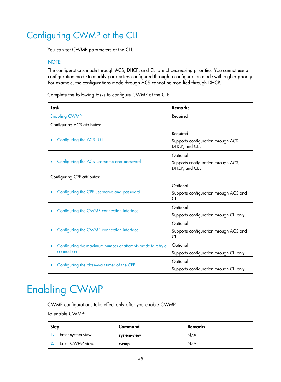 Configuring cwmp at the cli, Enabling cwmp, Configuring | Cwmp at the cli | H3C Technologies H3C WX3000E Series Wireless Switches User Manual | Page 57 / 80