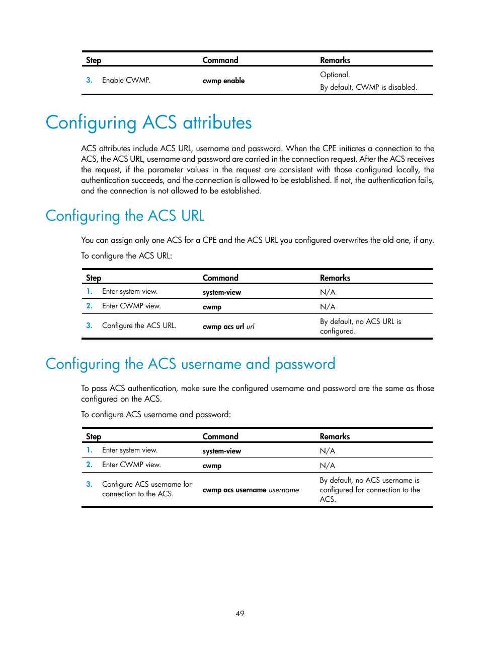 Configuring acs attributes, Configuring the acs url, Configuring the acs username and password | H3C Technologies H3C WX3000E Series Wireless Switches User Manual | Page 58 / 80