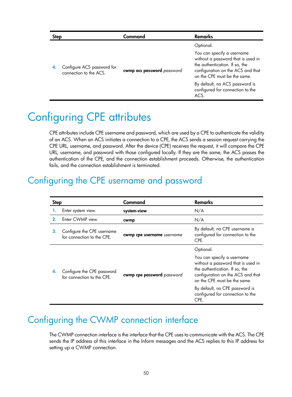 Configuring cpe attributes, Configuring the cpe username and password, Configuring the cwmp connection interface | H3C Technologies H3C WX3000E Series Wireless Switches User Manual | Page 59 / 80