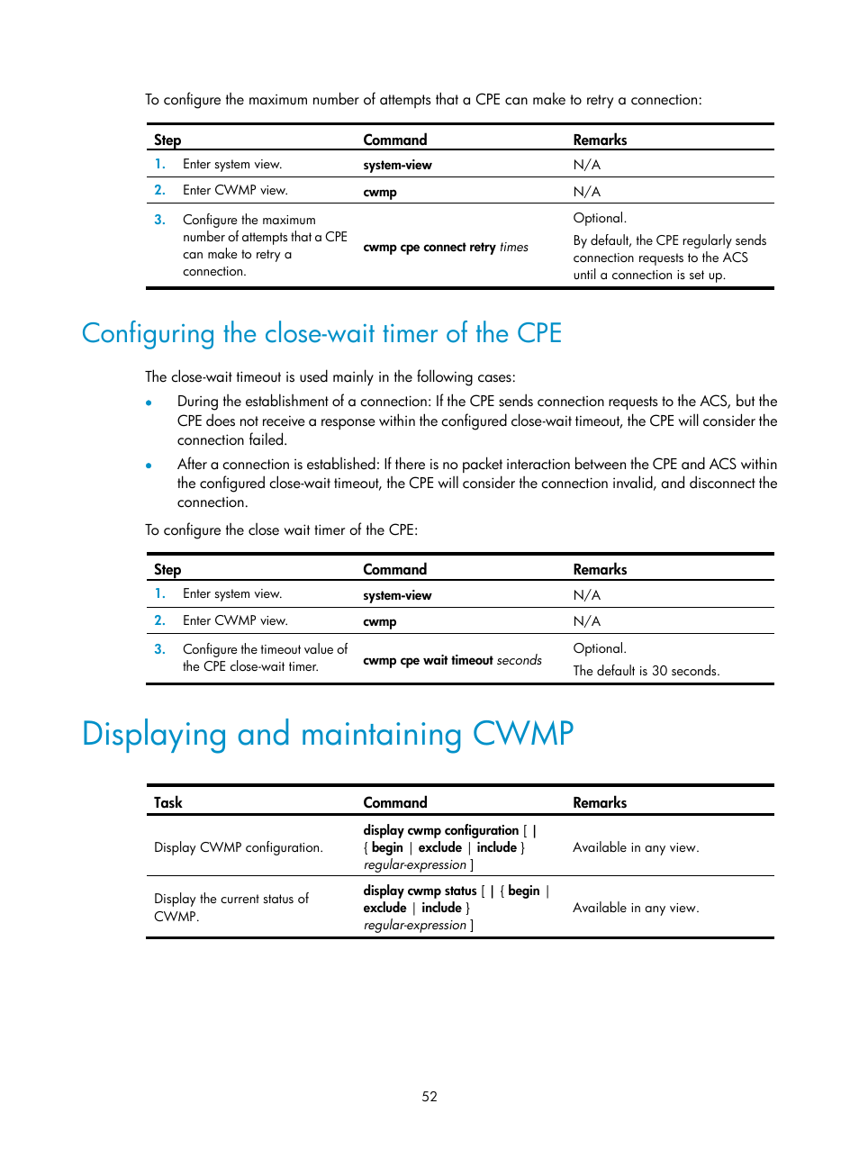 Configuring the close-wait timer of the cpe, Displaying and maintaining cwmp | H3C Technologies H3C WX3000E Series Wireless Switches User Manual | Page 61 / 80