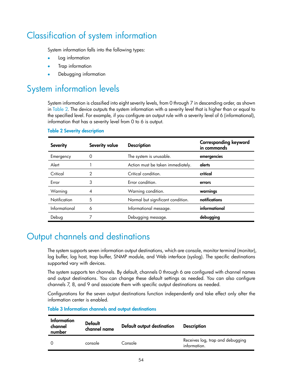 Classification of system information, System information levels, Output channels and destinations | H3C Technologies H3C WX3000E Series Wireless Switches User Manual | Page 63 / 80