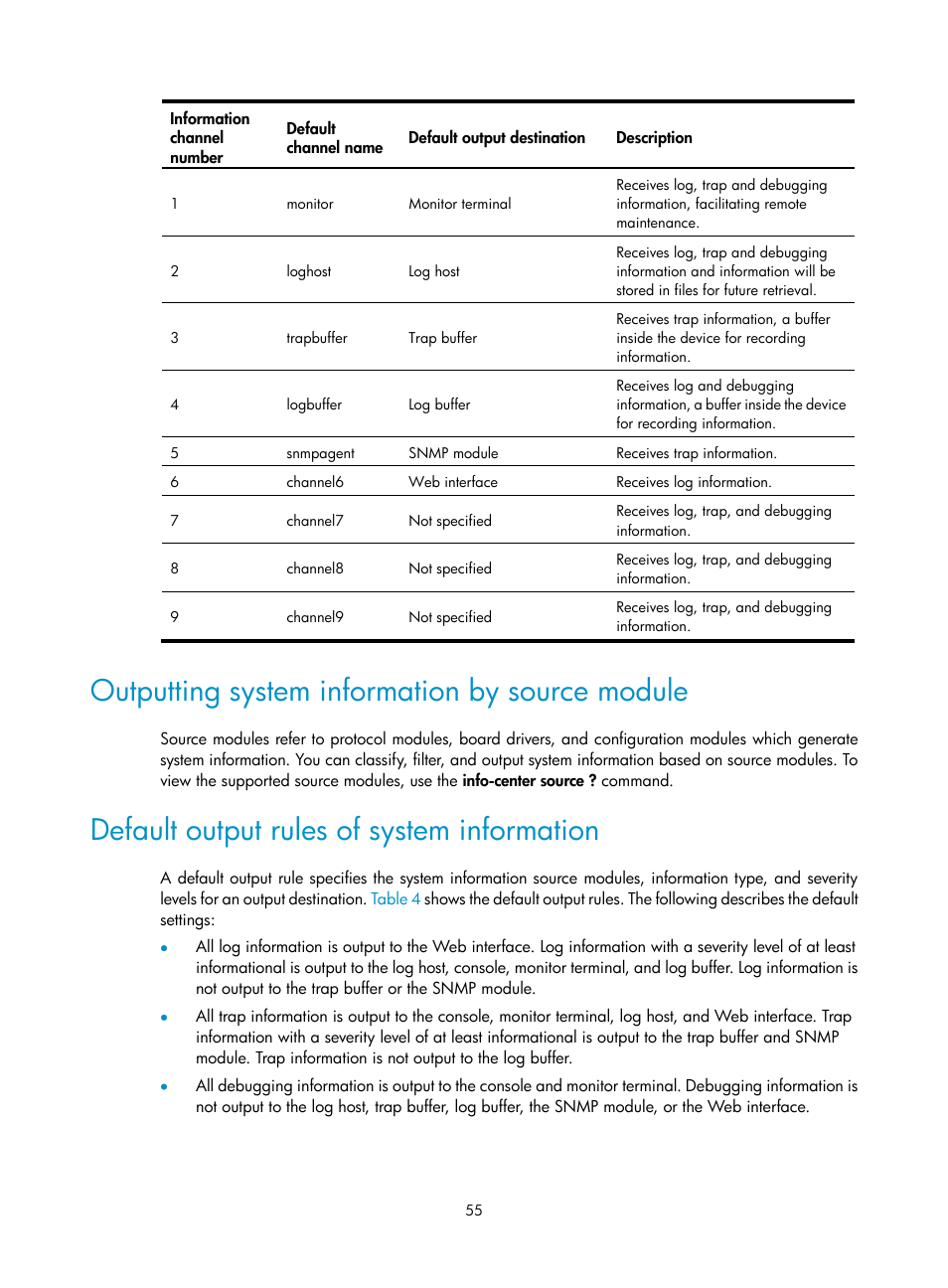 Outputting system information by source module, Default output rules of system information | H3C Technologies H3C WX3000E Series Wireless Switches User Manual | Page 64 / 80