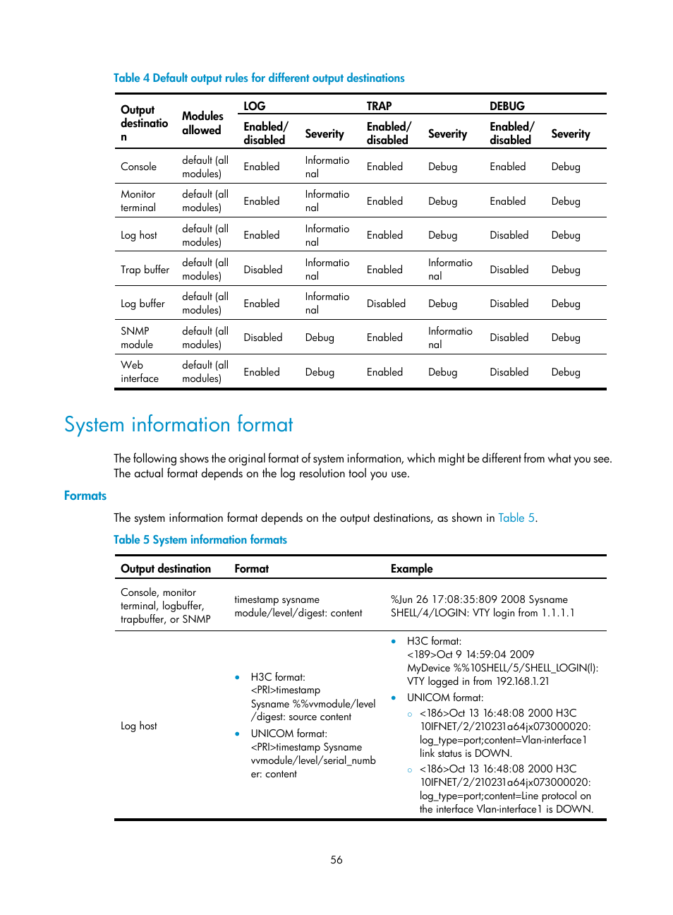 System information format, Formats | H3C Technologies H3C WX3000E Series Wireless Switches User Manual | Page 65 / 80