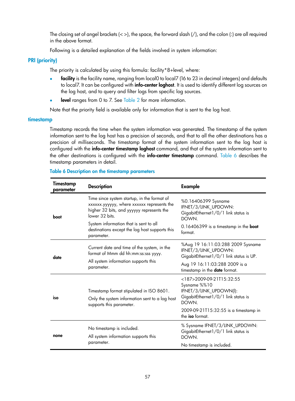 Pri (priority), Timestamp | H3C Technologies H3C WX3000E Series Wireless Switches User Manual | Page 66 / 80