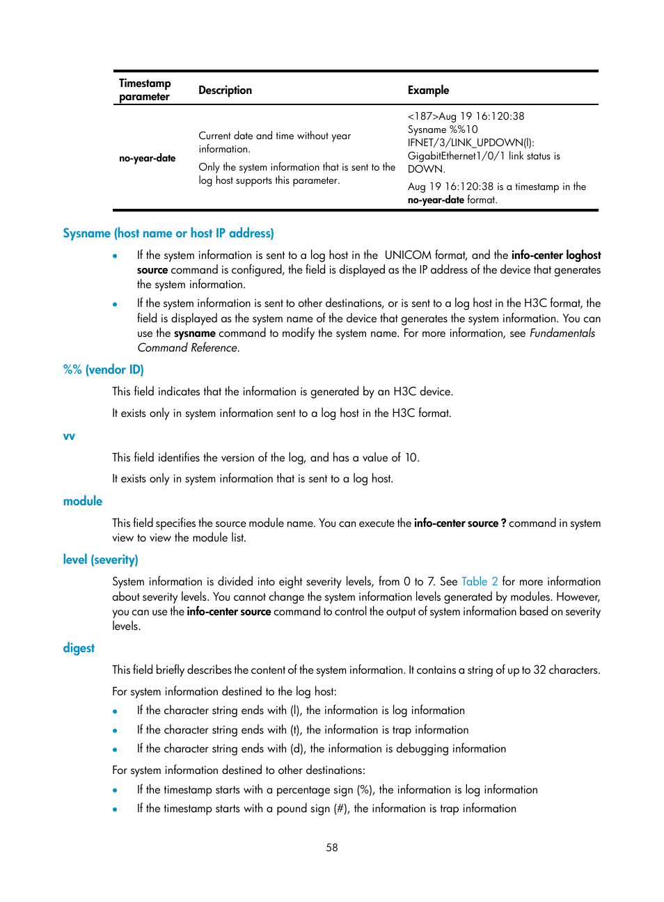 Sysname (host name or host ip address), Vendor id), Module | Level (severity), Digest | H3C Technologies H3C WX3000E Series Wireless Switches User Manual | Page 67 / 80