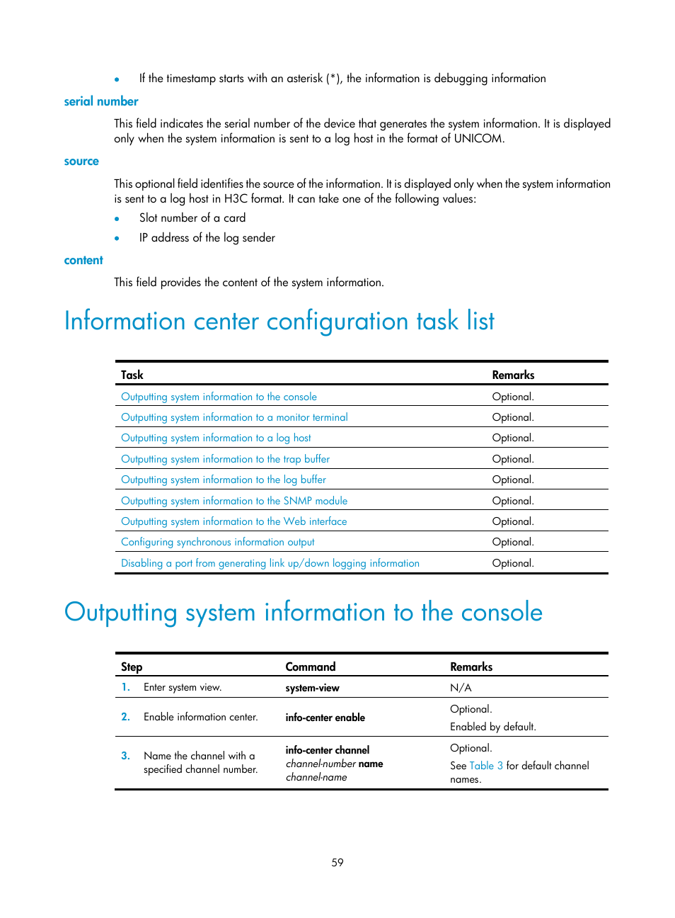 Serial number, Source, Content | Information center configuration task list, Outputting system information to the console | H3C Technologies H3C WX3000E Series Wireless Switches User Manual | Page 68 / 80