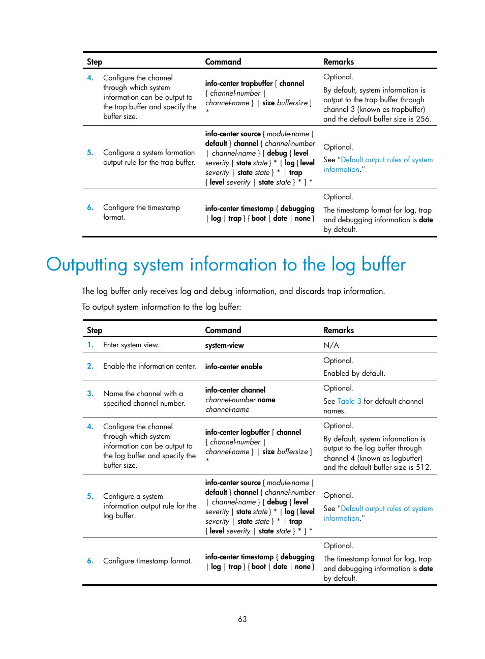 Outputting system information to the log buffer | H3C Technologies H3C WX3000E Series Wireless Switches User Manual | Page 72 / 80