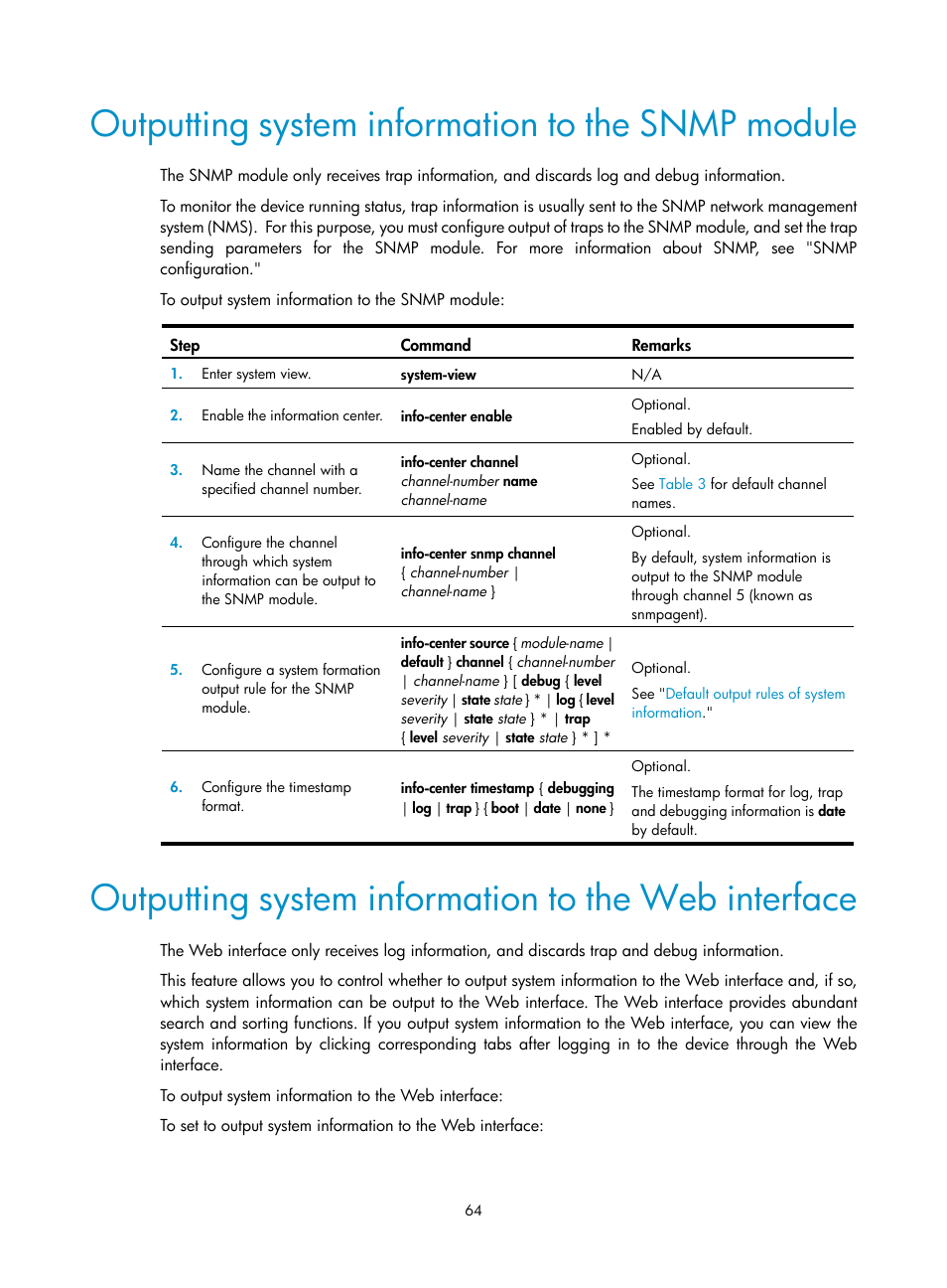 Outputting system information to the snmp module, Outputting system information to the web interface | H3C Technologies H3C WX3000E Series Wireless Switches User Manual | Page 73 / 80