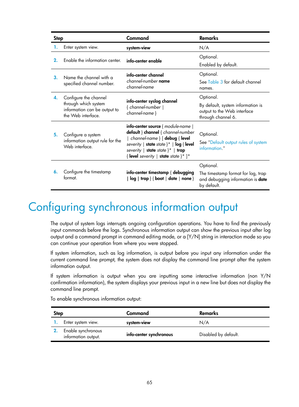 Configuring synchronous information output | H3C Technologies H3C WX3000E Series Wireless Switches User Manual | Page 74 / 80