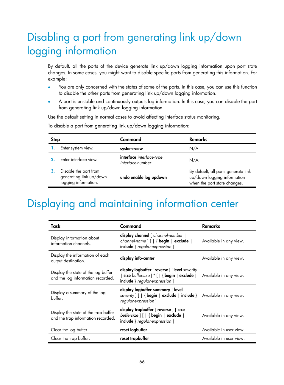 Displaying and maintaining information center | H3C Technologies H3C WX3000E Series Wireless Switches User Manual | Page 75 / 80