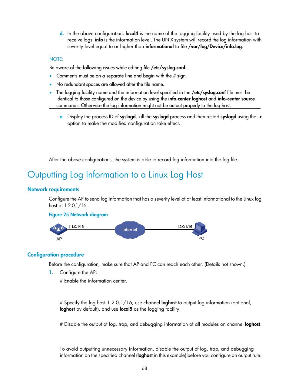 Outputting log information to a linux log host, Network requirements, Configuration procedure | H3C Technologies H3C WX3000E Series Wireless Switches User Manual | Page 77 / 80