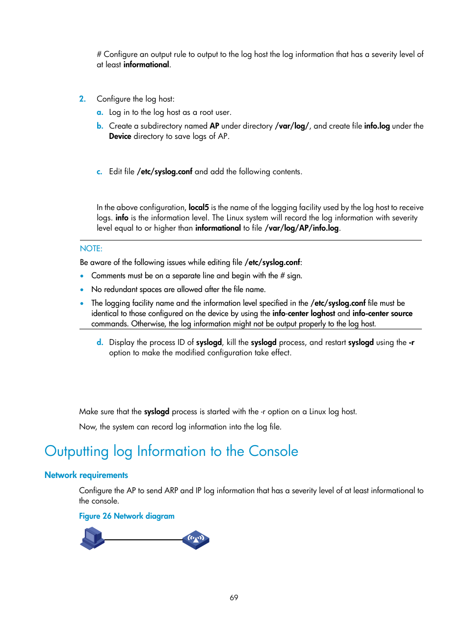 Outputting log information to the console, Network requirements | H3C Technologies H3C WX3000E Series Wireless Switches User Manual | Page 78 / 80