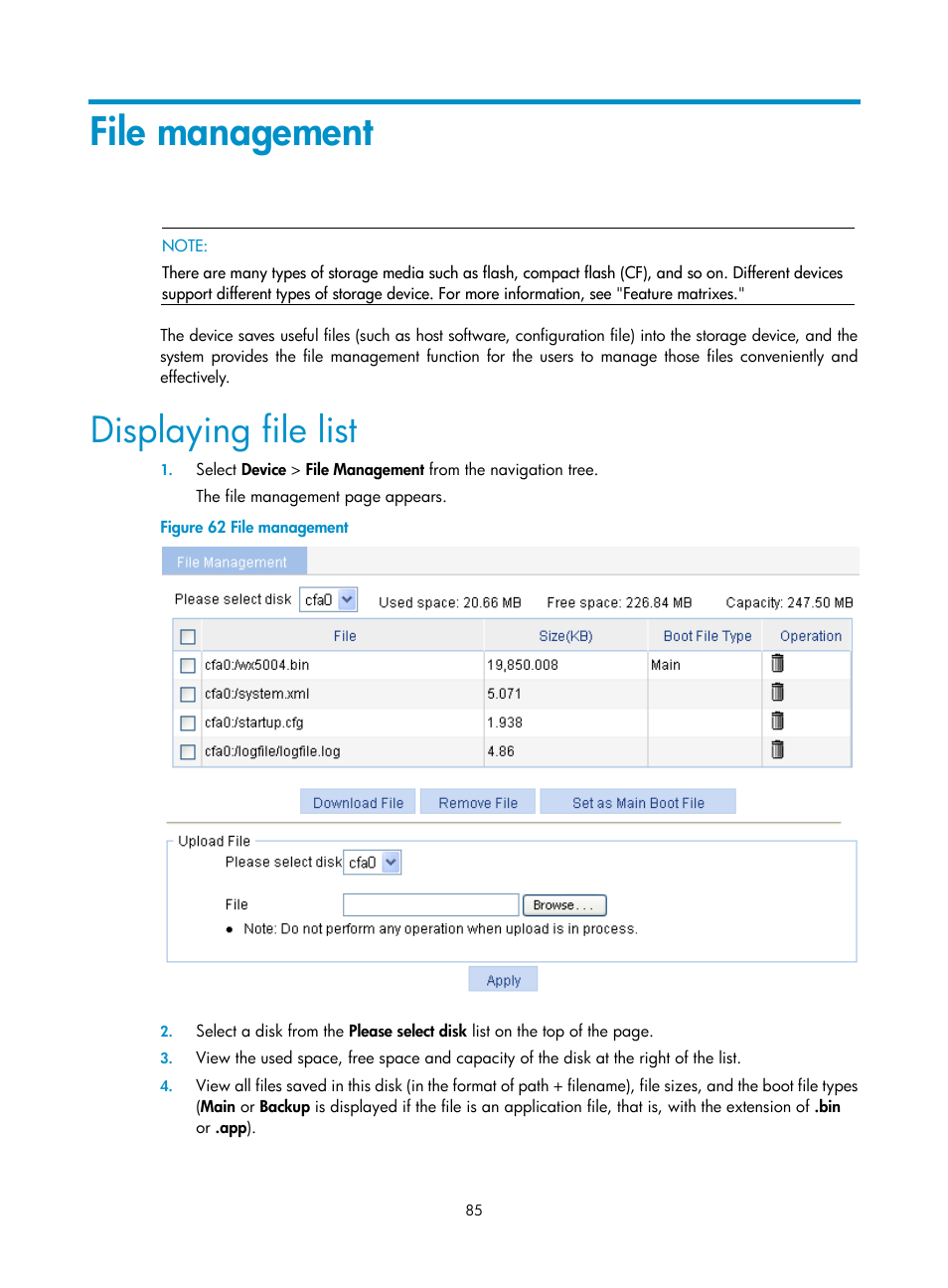File management, Displaying file list | H3C Technologies H3C WX3000E Series Wireless Switches User Manual | Page 101 / 640