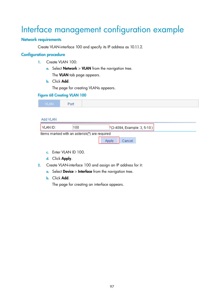 Interface management configuration example, Network requirements, Configuration procedure | H3C Technologies H3C WX3000E Series Wireless Switches User Manual | Page 113 / 640