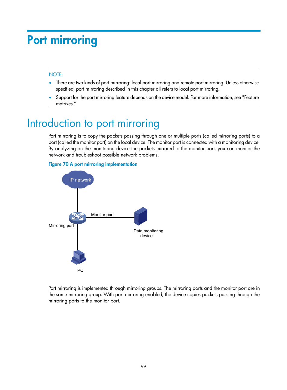 Port mirroring, Introduction to port mirroring | H3C Technologies H3C WX3000E Series Wireless Switches User Manual | Page 115 / 640