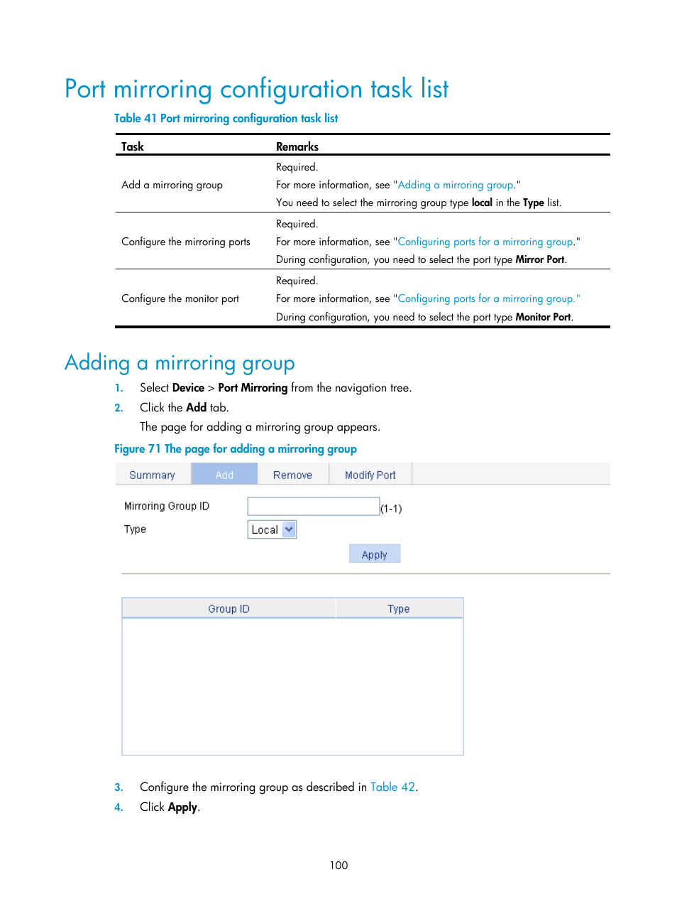 Port mirroring configuration task list, Adding a mirroring group | H3C Technologies H3C WX3000E Series Wireless Switches User Manual | Page 116 / 640