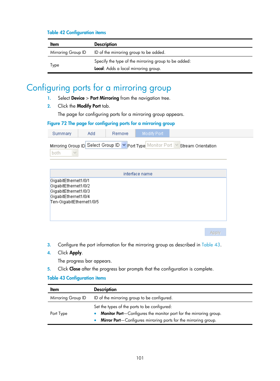 Configuring ports for a mirroring group, D in, Table 42 | H3C Technologies H3C WX3000E Series Wireless Switches User Manual | Page 117 / 640