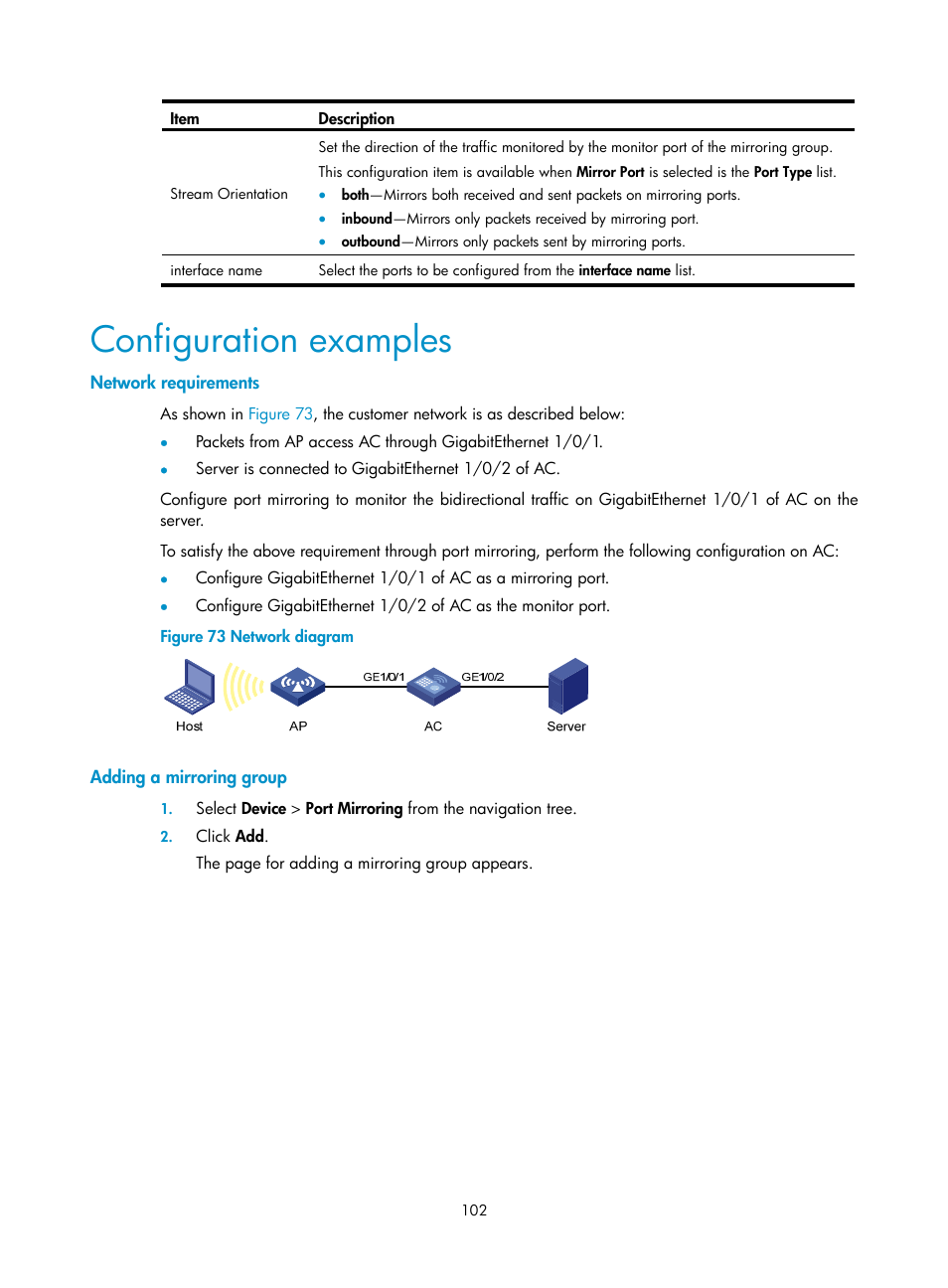 Configuration examples, Network requirements, Adding a mirroring group | H3C Technologies H3C WX3000E Series Wireless Switches User Manual | Page 118 / 640