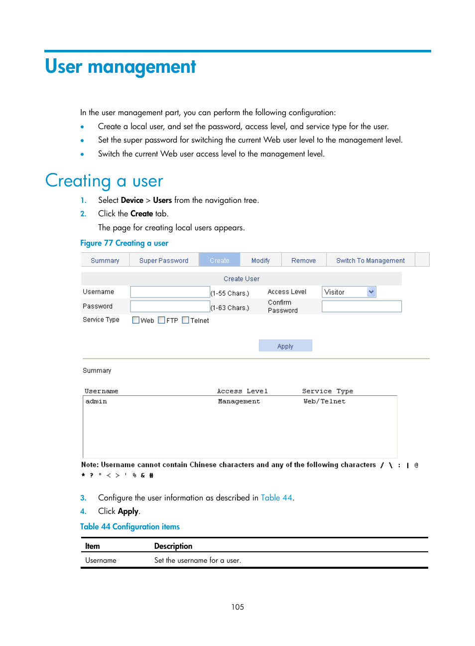 User management, Creating a user | H3C Technologies H3C WX3000E Series Wireless Switches User Manual | Page 121 / 640