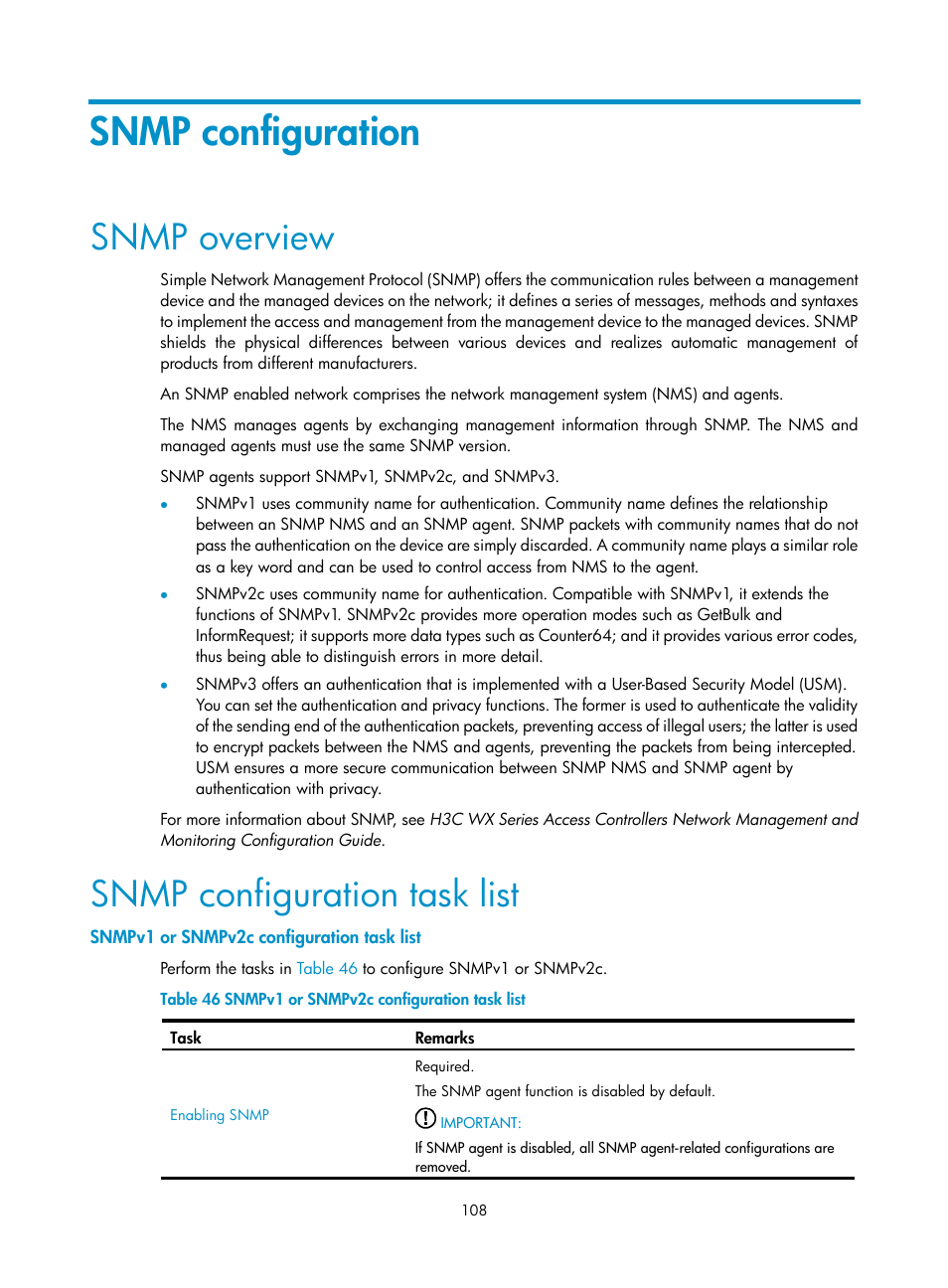 Snmp configuration, Snmp overview, Snmp configuration task list | Snmpv1 or snmpv2c configuration task list | H3C Technologies H3C WX3000E Series Wireless Switches User Manual | Page 124 / 640