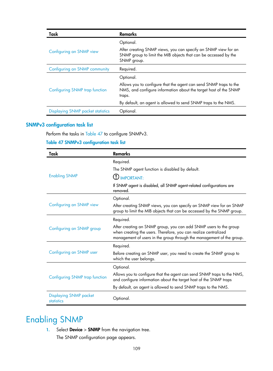 Snmpv3 configuration task list, Enabling snmp | H3C Technologies H3C WX3000E Series Wireless Switches User Manual | Page 125 / 640