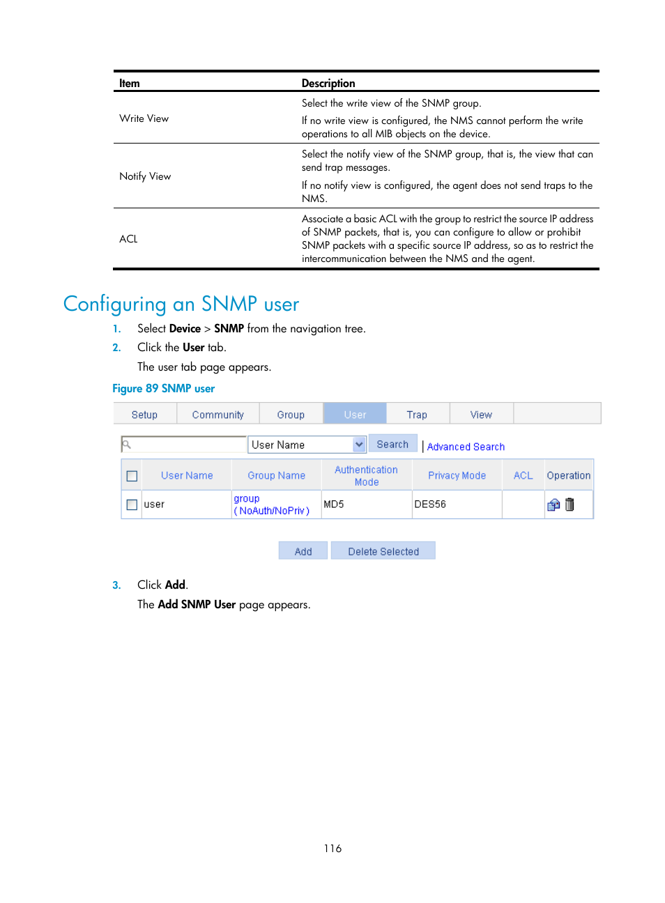 Configuring an snmp user | H3C Technologies H3C WX3000E Series Wireless Switches User Manual | Page 132 / 640