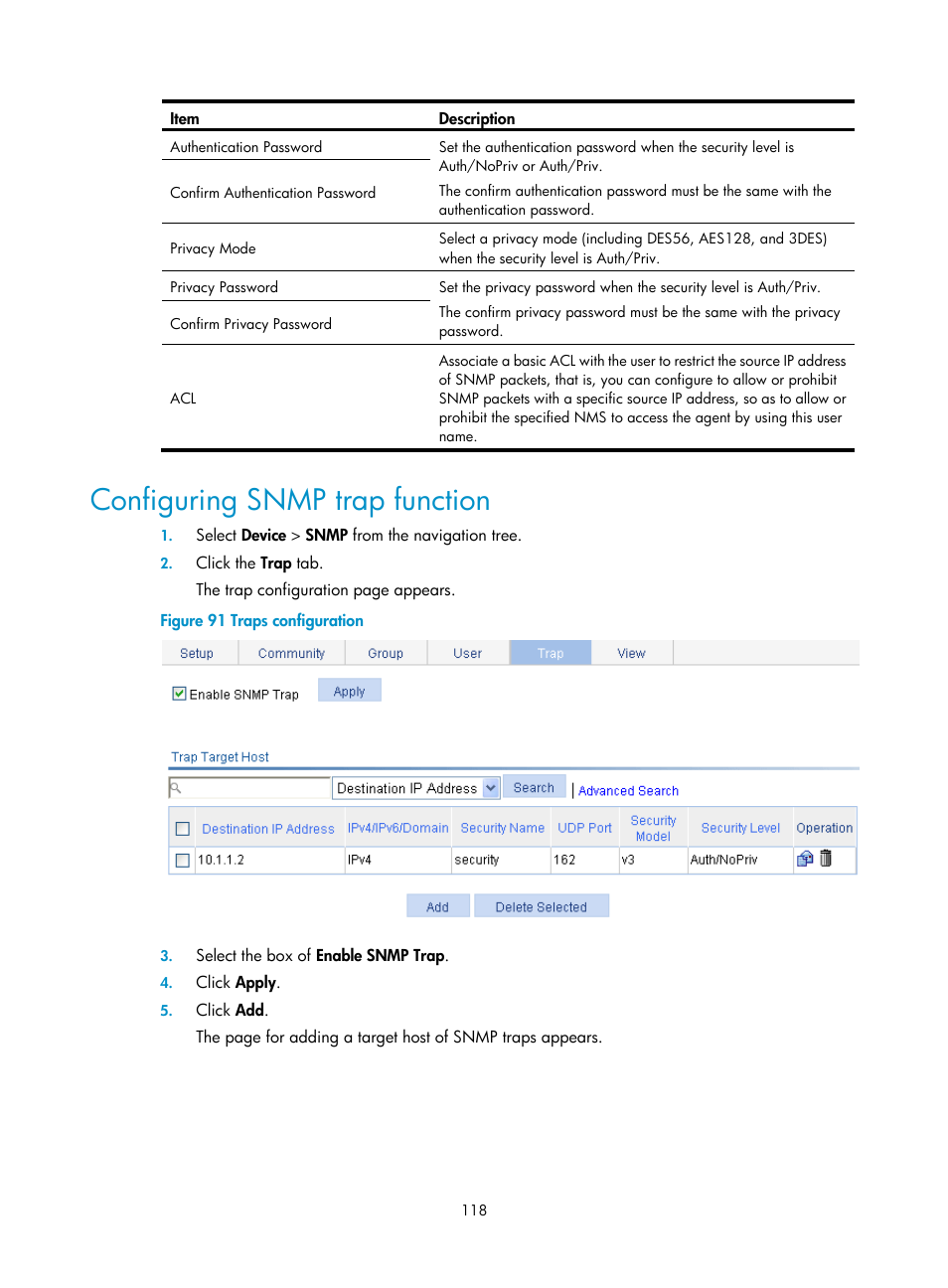 Configuring snmp trap function | H3C Technologies H3C WX3000E Series Wireless Switches User Manual | Page 134 / 640