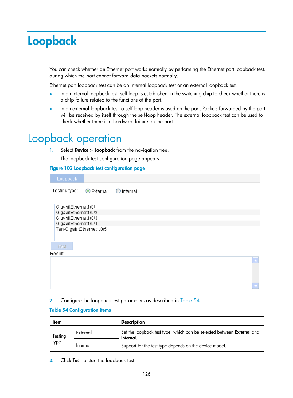 Loopback, Loopback operation | H3C Technologies H3C WX3000E Series Wireless Switches User Manual | Page 142 / 640