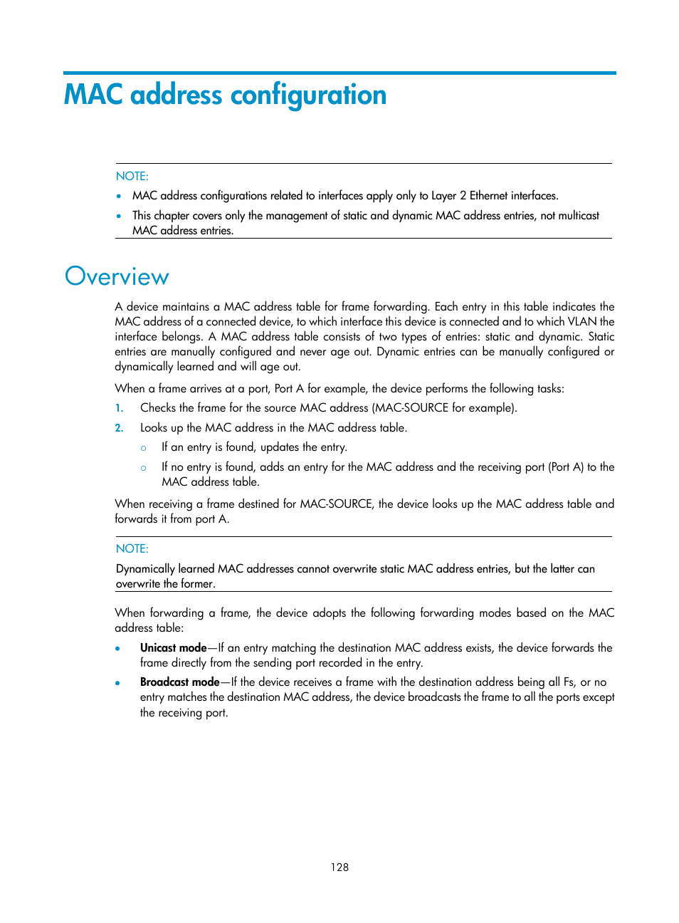 Mac address configuration, Overview | H3C Technologies H3C WX3000E Series Wireless Switches User Manual | Page 144 / 640