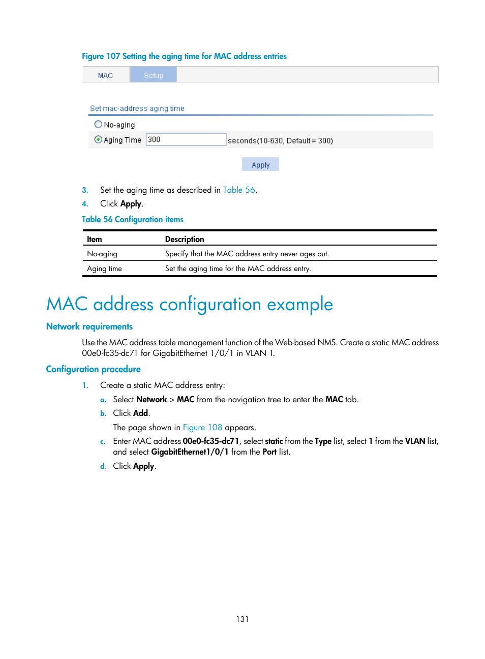 Mac address configuration example, Network requirements, Configuration procedure | Figure 107 | H3C Technologies H3C WX3000E Series Wireless Switches User Manual | Page 147 / 640