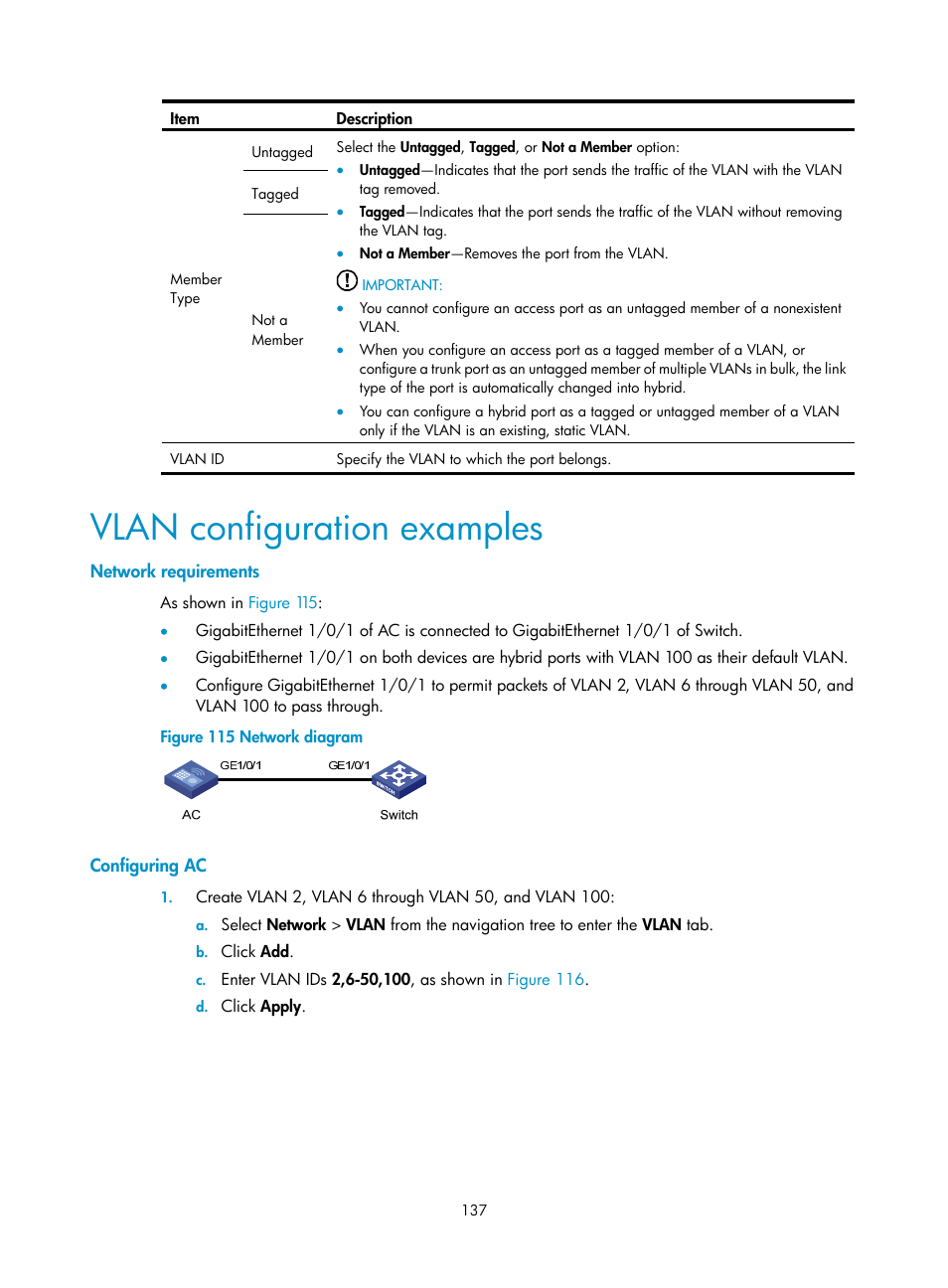 Vlan configuration examples, Network requirements, Configuring ac | H3C Technologies H3C WX3000E Series Wireless Switches User Manual | Page 153 / 640